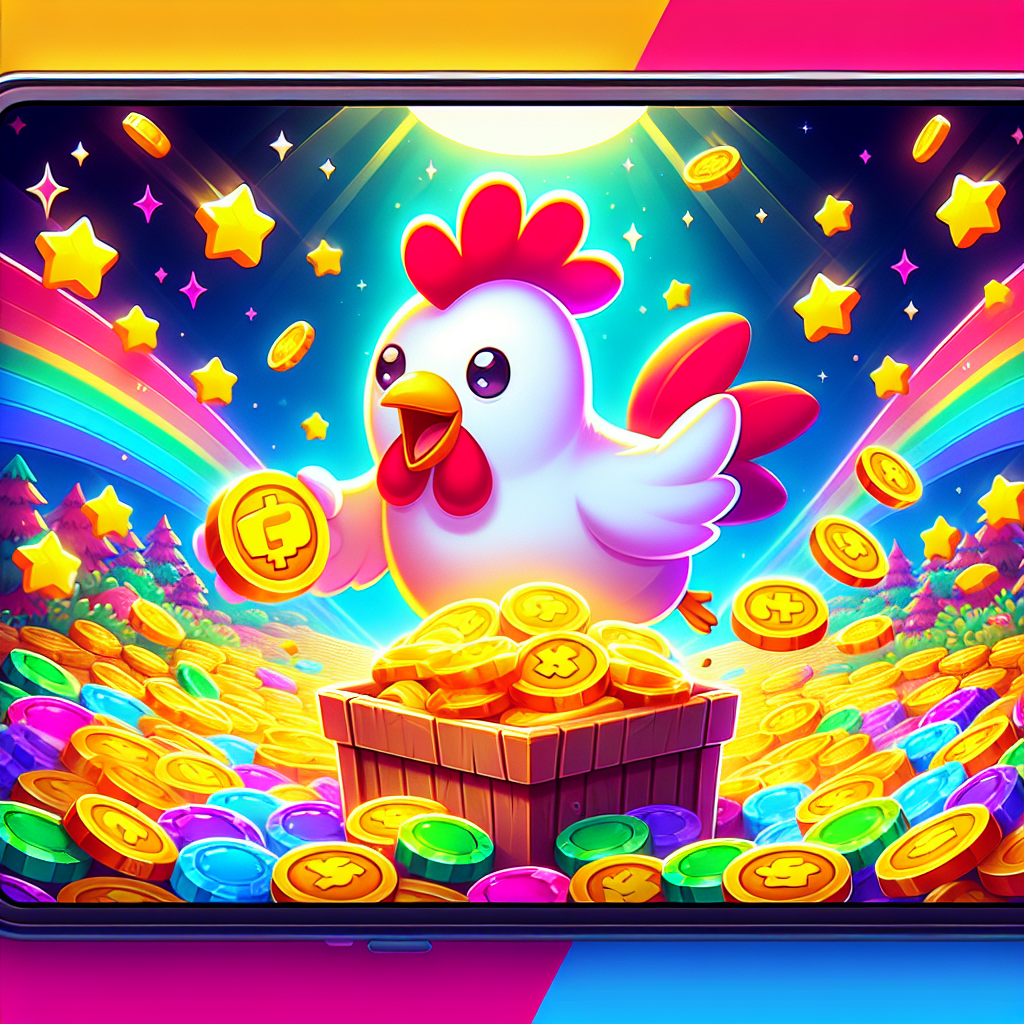 An exciting scene of the chicken collecting rewards in a lively game setting