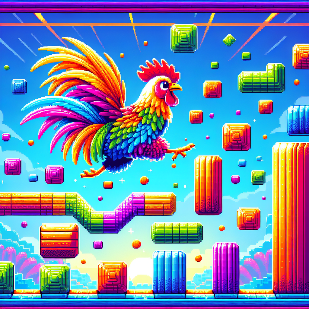 Colorful chicken jumping over obstacles in a bright arcade environment
