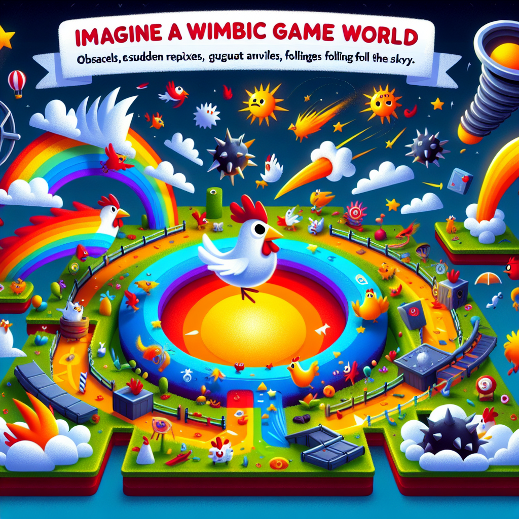 Colorful chicken dodging hazards in a whimsical game world
