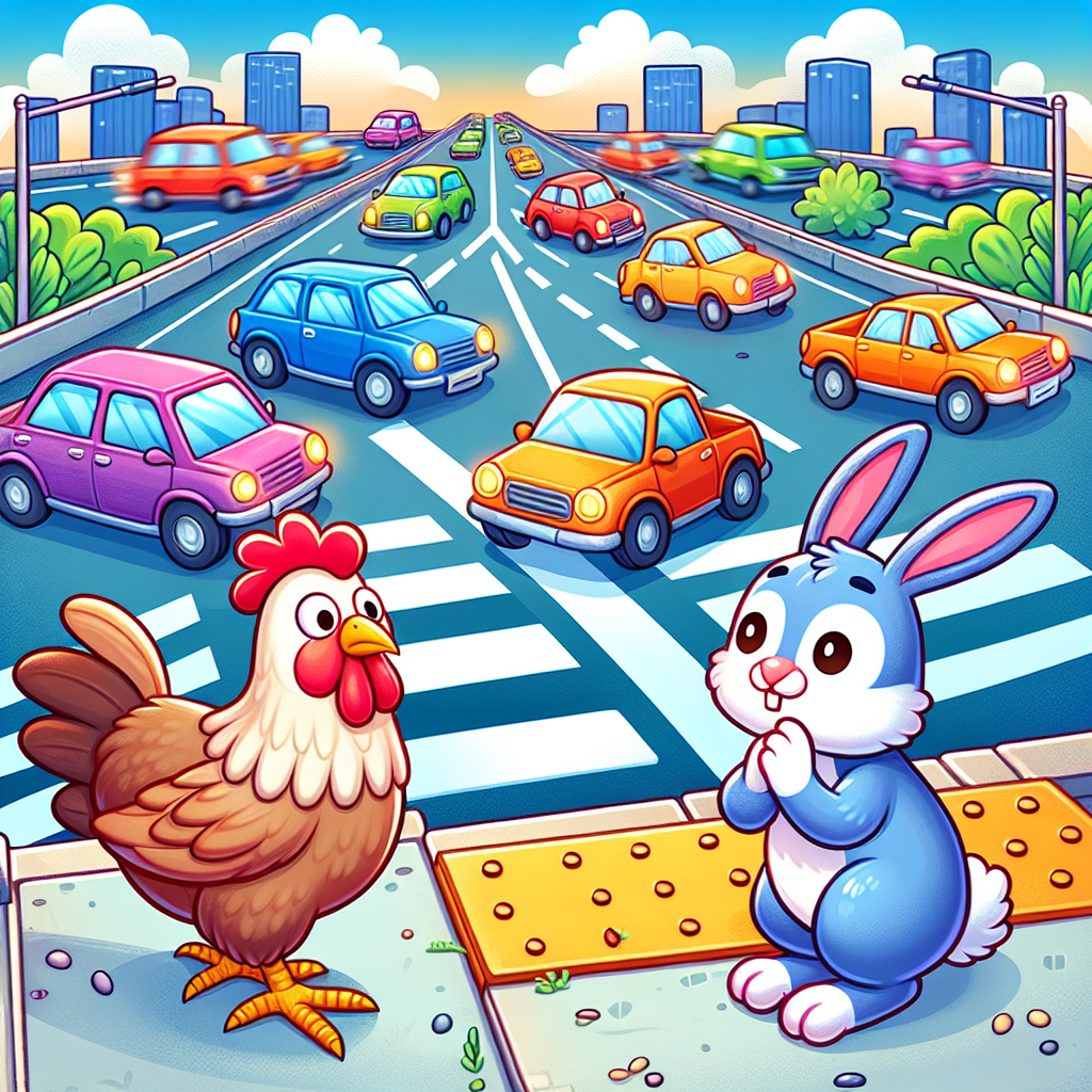 A cartoon chicken and rabbit trying to cross a road, with cars approaching